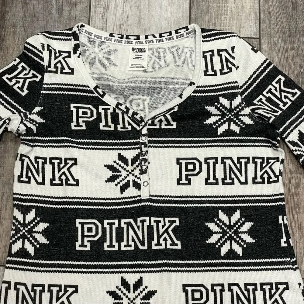Victorias Secret PINK Thermal Sleep Pajama Top Black White Snowflake Lounge Med